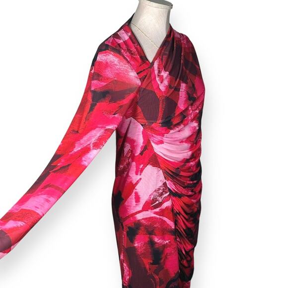 ELOQUII Abstract Ruched Mesh Mini Dress Stretch Knit Cocktail Red Pink Sexy 14 - Picture 5 of 13